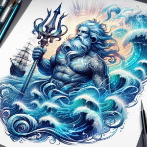 Poseidon with trident rising from blue waves, a distant ship in the background; watercolor illustration, blue and white palette; tattoo design concept; not a cover-up.