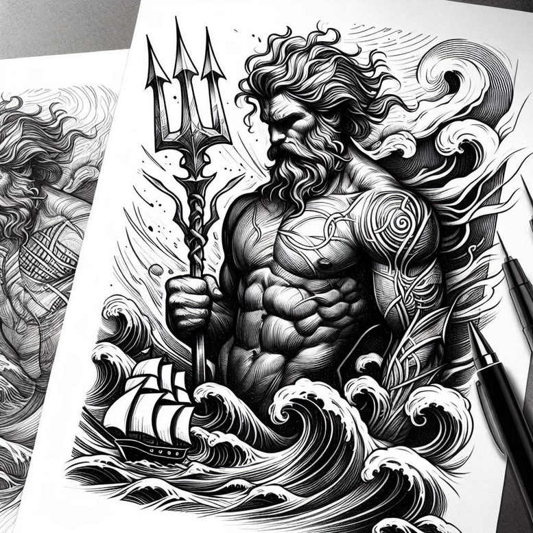 underwater-creature-tattoo – tattoo design ideas free ai generated – faded – for-chest – Gallery: poseidon-inkby-ai
