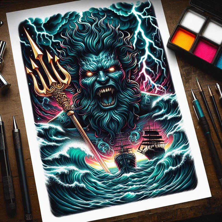 wave-god-tattoo – tattoo design ideas free ai generated – hellish – for-lower-leg – Gallery: poseidon-inkby-ai
