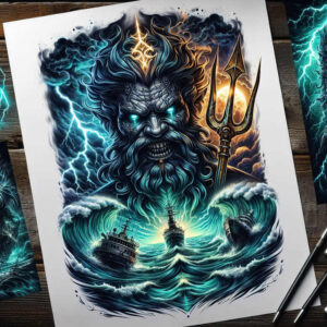 wave-god-tattoo – tattoo design ideas free ai generated – mirror-image – for-abdomen – Gallery: poseidon-inkby-ai