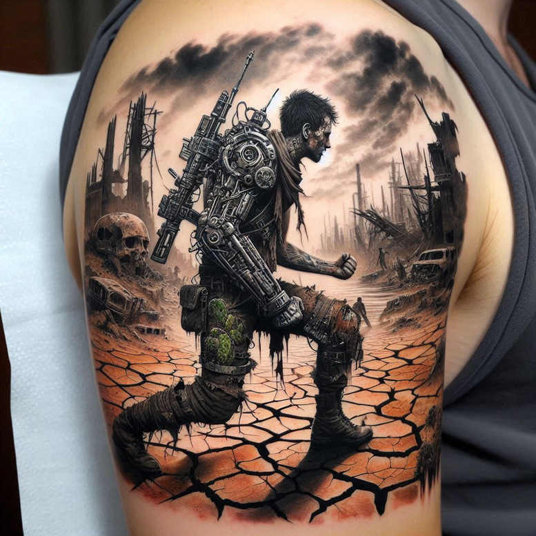 Survivor with black and grey exoskeleton, skull, ruins, cracked ground; pattern element; project, cover-up-ready tattoo.