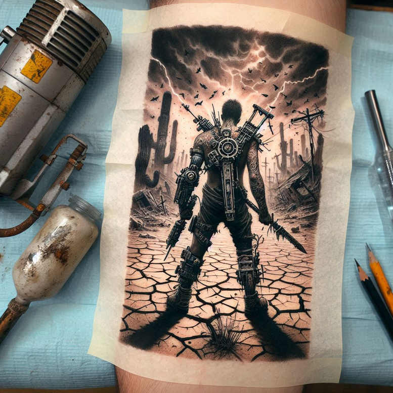 Black and grey tattoo project featuring warrior, backpack, blade, gun, desert, cracked ground, cactus, clouds, lightning, and birds; cover-up suitable.