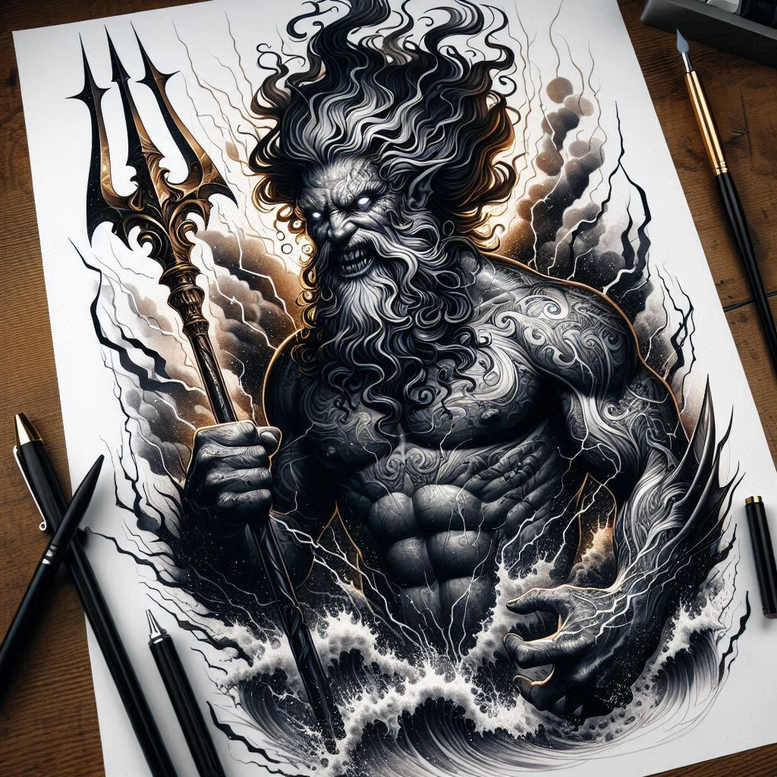Black and gray Poseidon-inspired tattoo design featuring a muscular sea god with a trident amid crashing waves; concept sketch, cover-up ready.