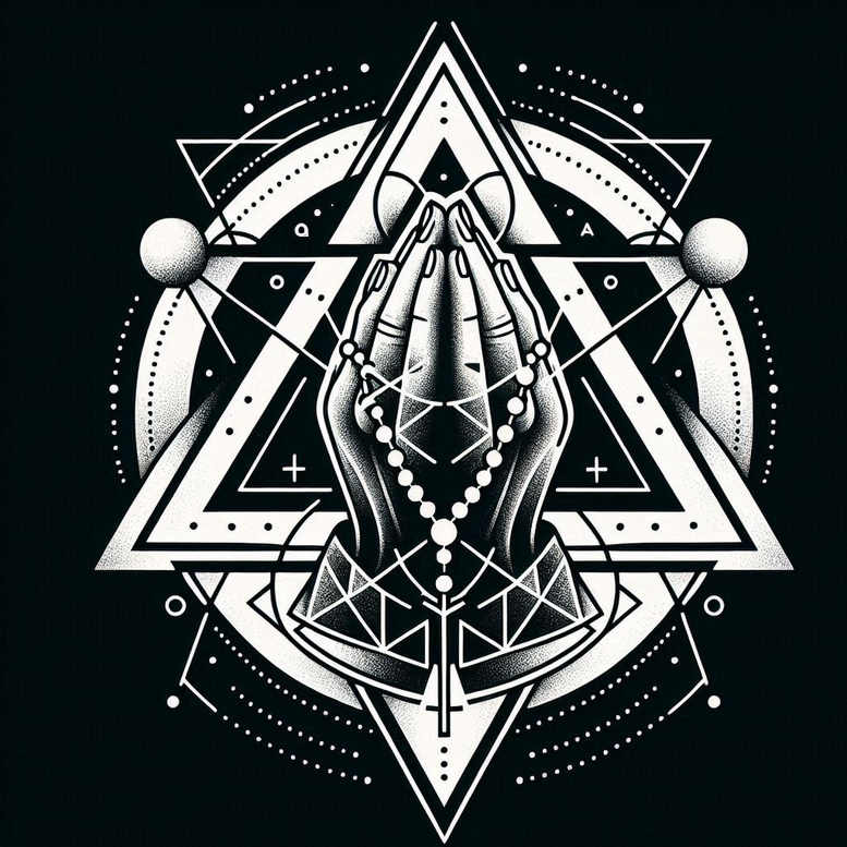 Black and grey hands in prayer with rosary beads, surrounded by triangle and circle geometry and dotted pattern; AI-generated tattoo project, suitable for a cover-up.