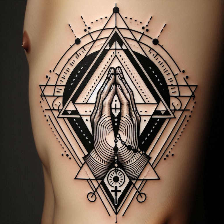 Hands in prayer with a rosary, surrounded by circle and triangle geometric patterns in black and grey; project idea; cover-up-ready geometric tattoo pattern.