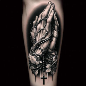 Praying hands in black and grey with rosary beads wound around wrists, a cross pendant, and ivy leaves; cover-up-ready tattoo design.