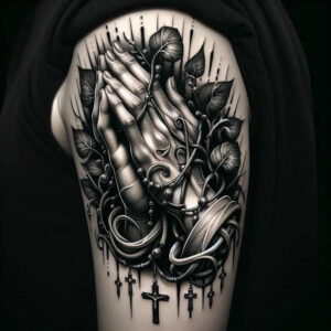Praying hands, rosary beads, crosses, vines, and leaves in black and grey; a detailed tattoo project, ideal for a cover-up.