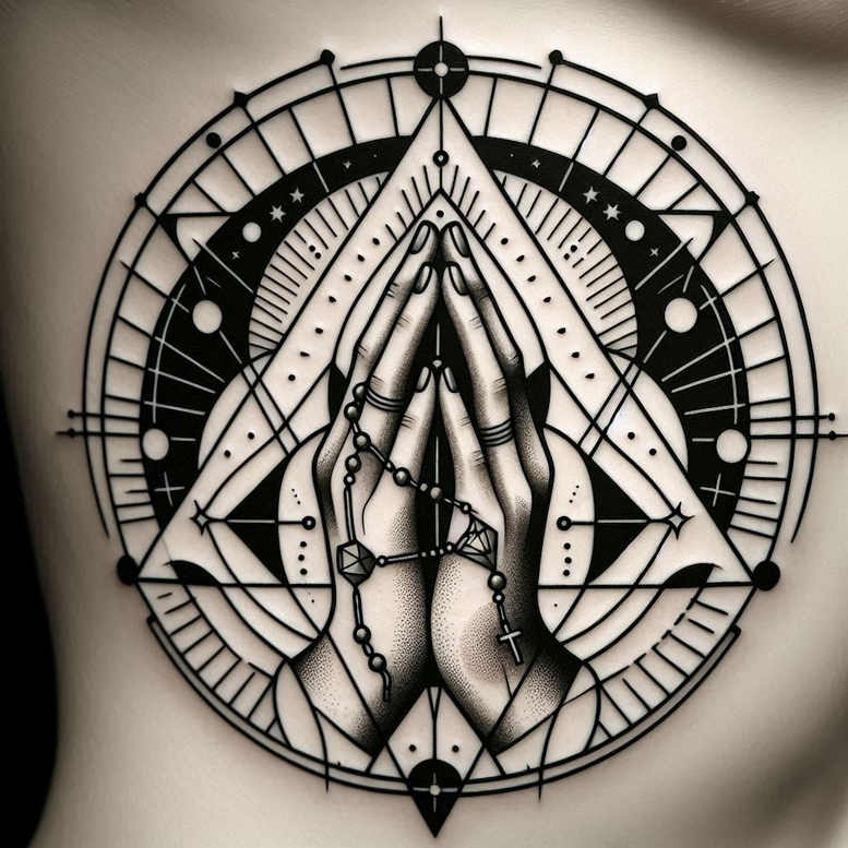 Hands in prayer with rosary beads and cross, set inside a black-and-grey geometric mandala with circle and triangle shapes; AI-generated tattoo project; cover-up-ready.