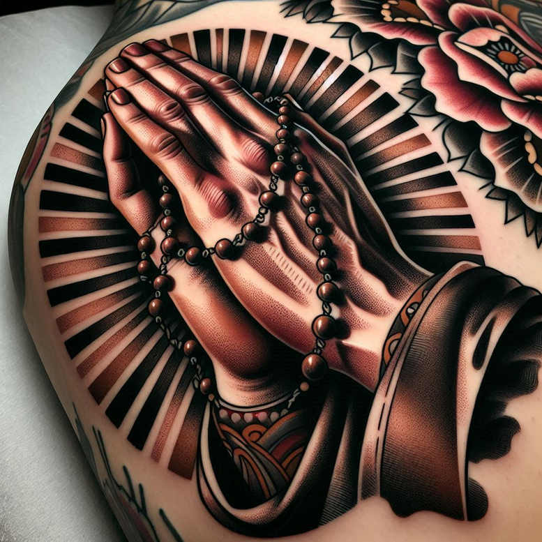 Praying hands in black and grey with a rosary, a flower in the background, on sleeve; tattoo project; perfect for cover-up.