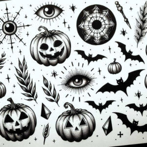 Black and grey tattoo pattern with pumpkins, eye, bats, spider web, diamonds, leaves, and a feather; AI-generated tattoo project idea; suitable for cover-up.