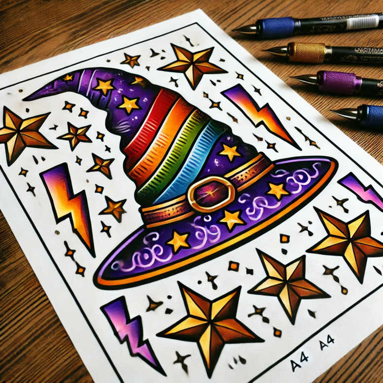 Hat with rainbow stripes, stars, and lightning bolts; colorful illustration on white background; tattoo project idea; suitable for a cover-up not applicable.
