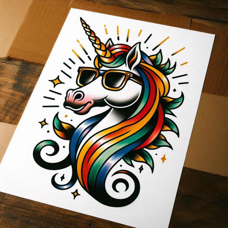 Unicorn head with rainbow mane and sunglasses; bright color palette; tattoo design idea; AI-generated tattoo project; cover-up suitability: not ideal.
