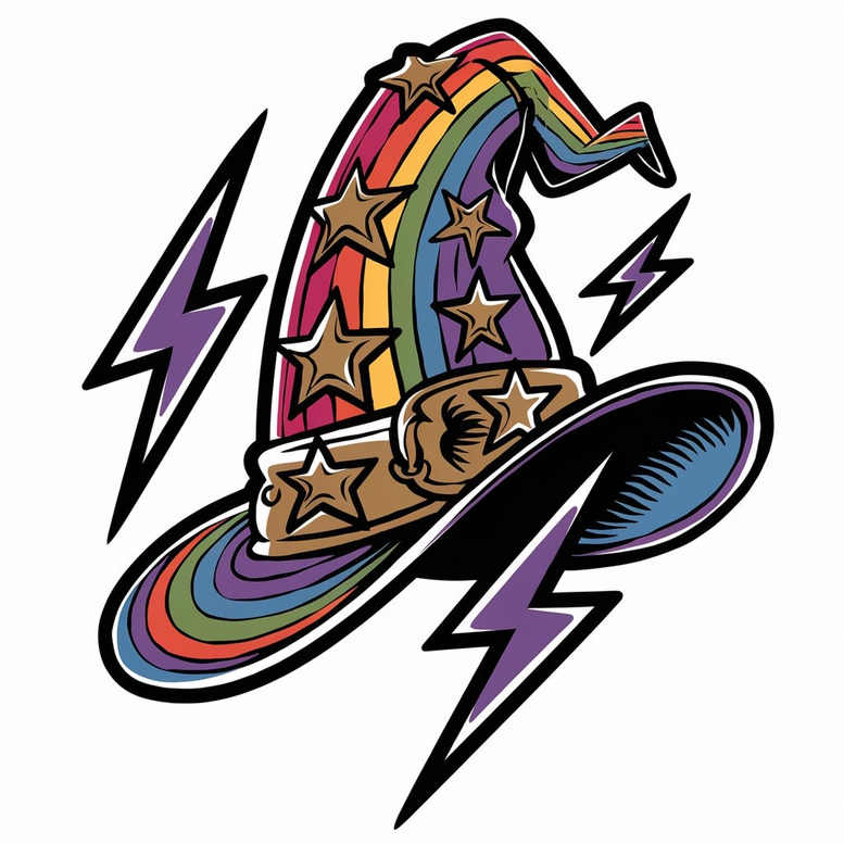 Colorful minimalist tattoo of a wizard hat with stars and lightning bolts, in vibrant color; concept image, not yet inked; not designed for cover-up.