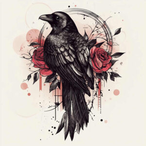 Black and grey raven perched with red roses, leaves, and geometric rings; tattoo design idea, cover-up suitable.