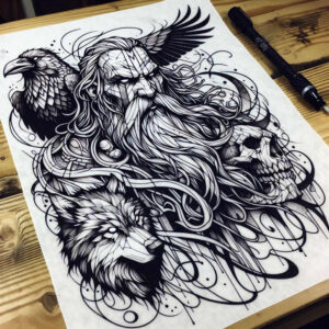 Raven, skull, and wolf in black and grey linework; tattoo project idea; cover-up suitable.