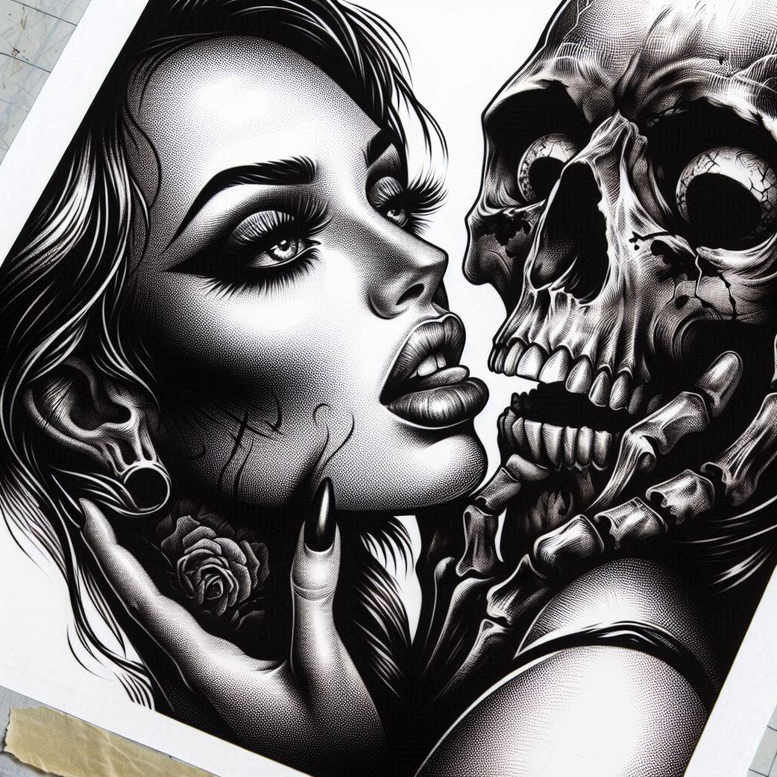 Woman and skull in black and grey, with a hand and a rose; tattoo design idea, suitable for a cover-up.