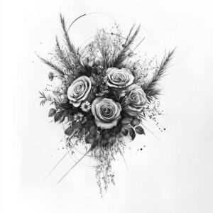 Rose bouquet with leaves and stems, circular and linear accents in black and grey; tattoo design idea, AI-generated, suitable for a cover-up.
