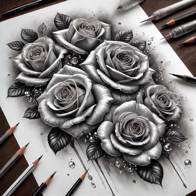 Five grayscale roses with leaves and droplets drawn on paper; black and grey; tattoo project idea; cover-up ready.