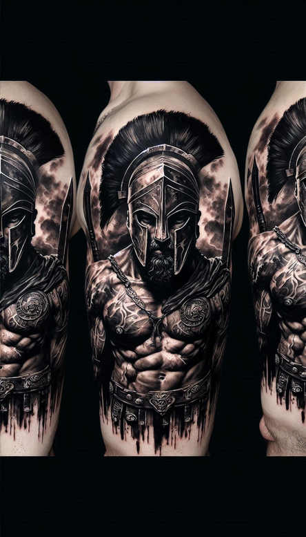 Helmet, breastplate, belt, chain on a muscular torso in black and grey; tattoo project, suitable for cover-up.