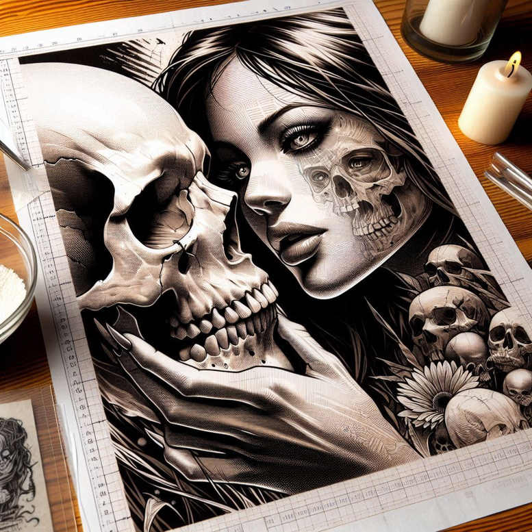 Black-and-grey tattoo design: woman's portrait, skull, hand, sunflowers, and small skulls; a cover-up-ready project idea.