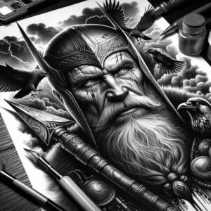 Viking helmet portrait in black and grey realism with pattern elements, ravens, spear, and ornate blade; a tattoo design concept for cover-up.