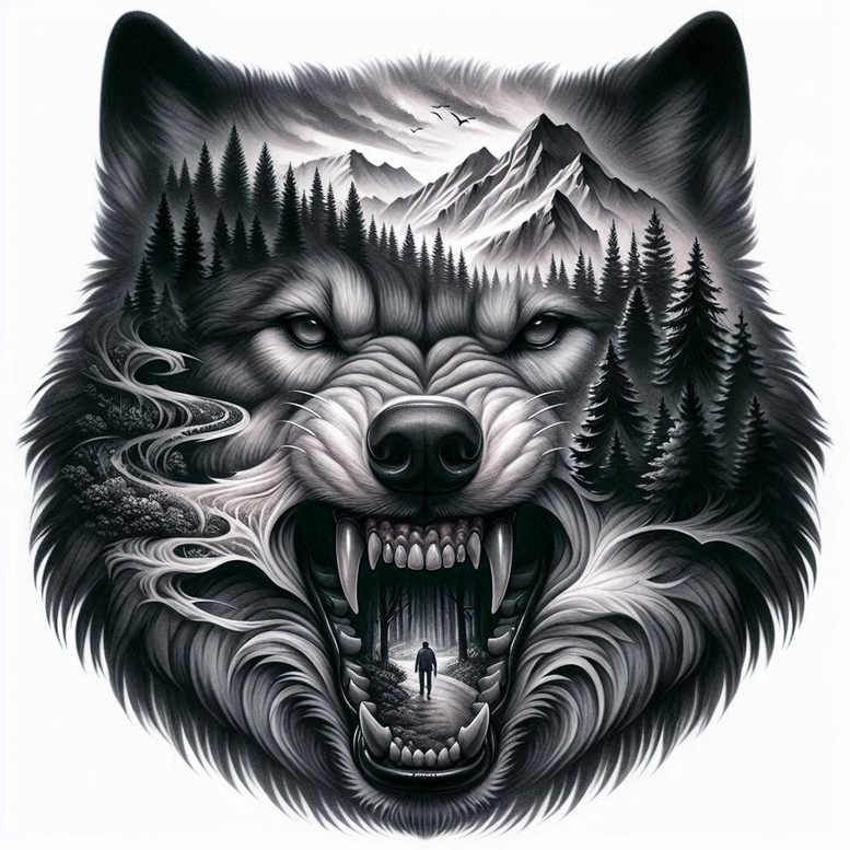 Wolf head with mountains, forest, and a lone person inside the mouth in black and grey; AI-generated tattoo project; cover-up-ready.