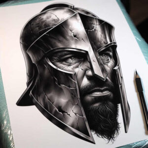 Helmet, beard, and eyes in black and grey; tattoo project idea; cover-up-ready.