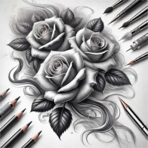 Rose with leaves and pencils in black and grey; AI-generated tattoo project idea; suitable for cover-up.