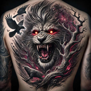 Wolf head in black and grey with red eyes, raven silhouettes, and twisting branches; tattoo project idea, cover-up ready.