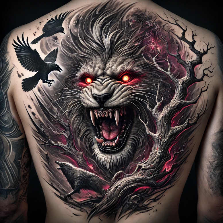 Wolf head in black and grey with red eyes, raven silhouettes, and twisting branches; tattoo project idea, cover-up ready.