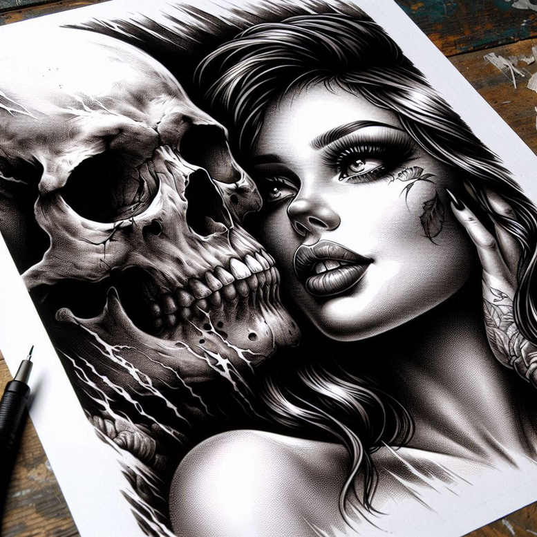 Woman and skull in black and grey realism; AI-generated tattoo design concept, suitable as a cover-up project.