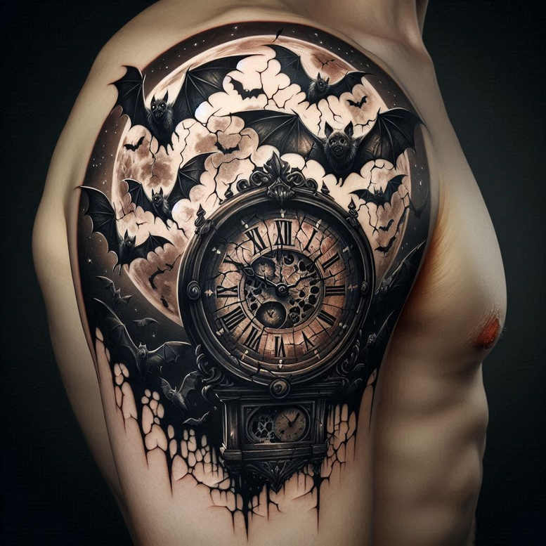Clock tattoo in black and grey on the upper arm featuring clock, bats, clouds, and cracks; AI-generated tattoo project, cover-up suitable.