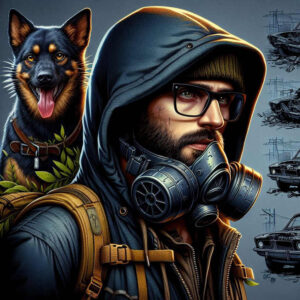 Man in a navy hoodie with gas mask beside a black and tan German Shepherd; green leaves peek from backpack; color illustration; AI-generated tattoo project idea; cover-up suitable.
