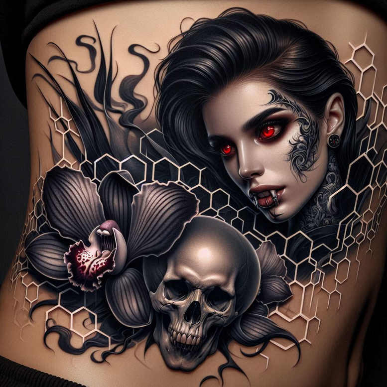 Face and skull in black and grey with orchid and dark hair; AI-generated tattoo project; suitable for cover-up.