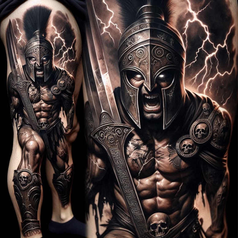 Helmeted warrior in black and grey realism with sword, armor, skull accents, and lightning; cover-up-ready tattoo project.