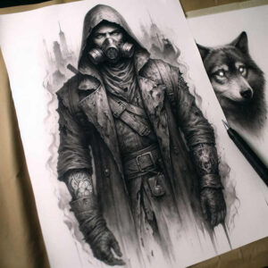 Hooded man in torn coat with gas mask, forearm tattoo visible, grayscale scene with a wolf in the background; cover-up-ready tattoo concept.