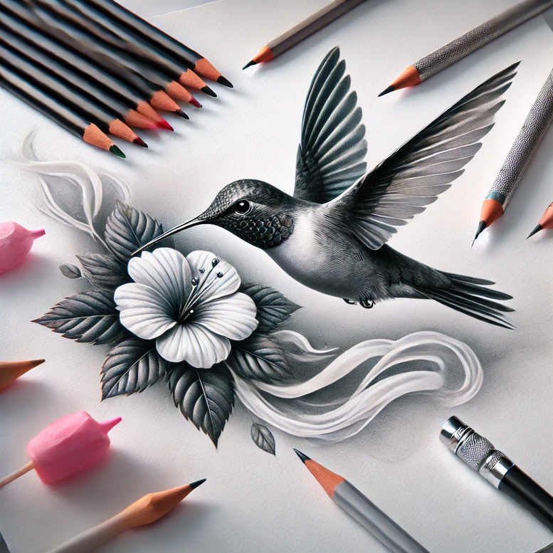 Hummingbird and hibiscus in black and grey on a white surface with pencils and an eraser; tattoo project idea, not a cover-up.
