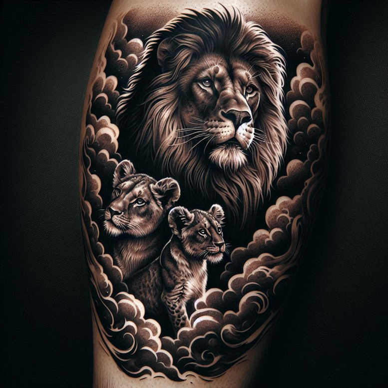 Lion and lion cubs in black and grey, surrounded by cloud pattern; a realistic tattoo project, cover-up ready.