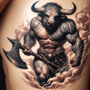 Realistic black and grey minotaur warrior with axe, belt, and clouds; tattoo design concept, suitable for a cover-up.