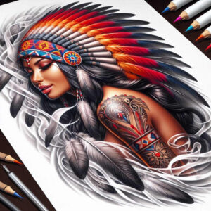 Colorful realistic tattoo project featuring a Native American headdress with red-to-black feathers, a detailed arm tattoo with tribal patterns, and wispy smoke.