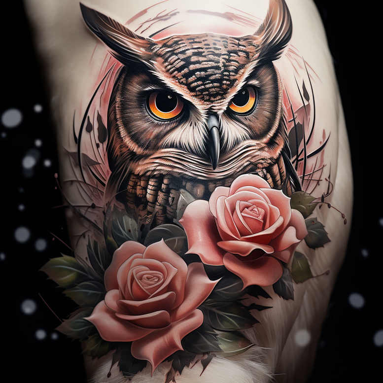 Owl in brown and grey tones with orange eyes, pink roses and green leaves; tattoo project; cover-up suitable.
