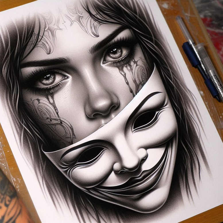 Face and hair of a woman with a black and grey Venetian mask; tattoo project idea; not primarily suitable for cover-up.