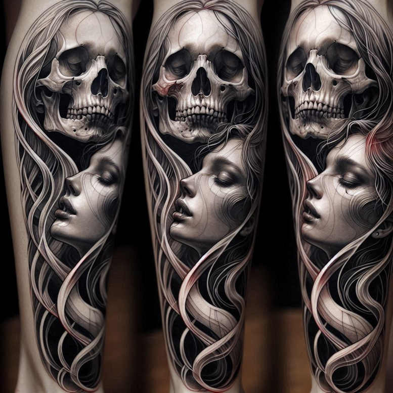 Skull above a woman's face with flowing hair in black and grey; AI-generated tattoo project concept; suitable for cover-up.