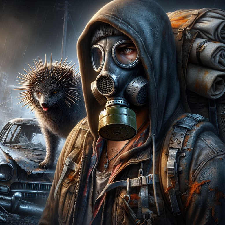 Gas mask in metallic tones, hood, backpack, hedgehog, and wrecked car; color concept; project idea; suitable for cover-up.
