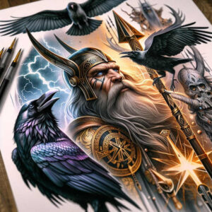 Colorful full color tattoo design featuring raven, helmet, armor, staff, spear, and skull; AI-generated tattoo project; ideal for cover-up.