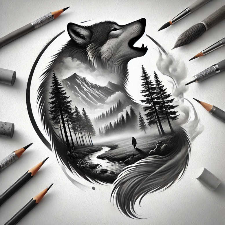 Wolf head within a circular frame over grayscale landscape with mountains, pines, river, and a lone figure; black and grey ink; AI-generated tattoo project; cover-up ready.