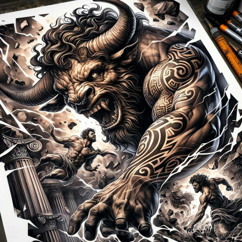 Minotaur-inspired black and grey tattoo featuring a horned, muscular beast amid lightning and storm clouds; project concept, cover-up ready.