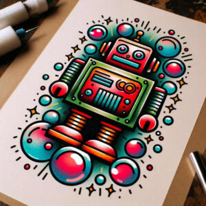 Robot with circles, stars, lines, and dots; full color illustration; color tattoo project; not ideal for cover-up.