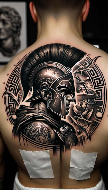 Back tattoo in black and grey ink featuring helmet, crest, circle pattern, and tape patches; cover-up-ready tattoo project.