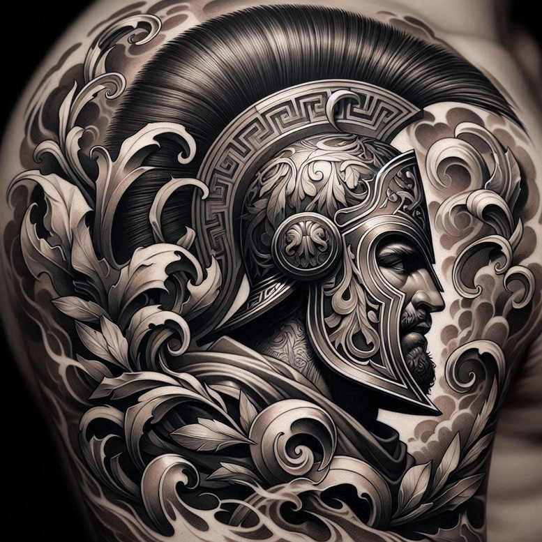 Roman helmet with ornate patterning and laurel leaves in black and grey; realistic tattoo project on shoulder, suitable for cover-up.